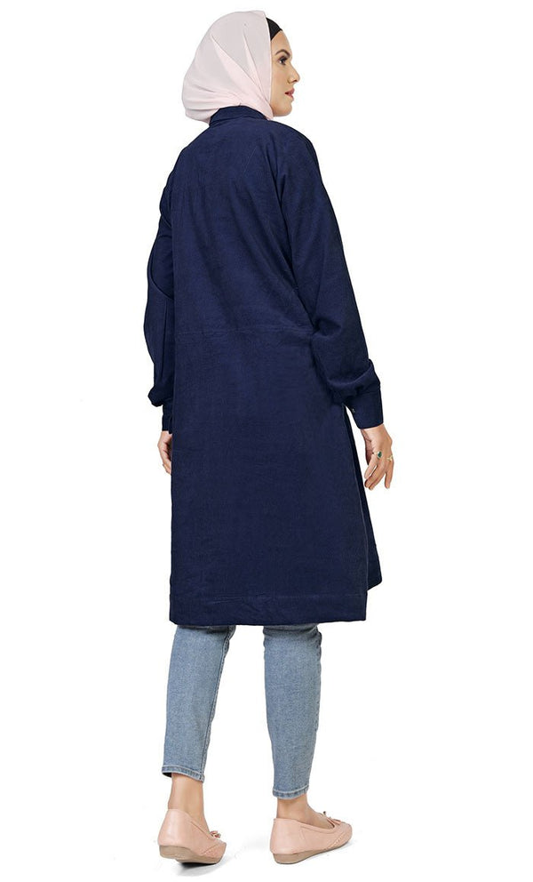 Women's Islamic Warm Corduroy Collar Button Navy Long Tunic - EastEssence.com