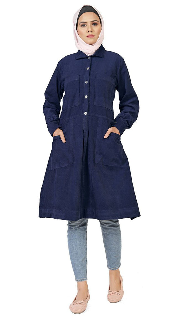 Women's Islamic Warm Corduroy Collar Button Navy Long Tunic - EastEssence.com