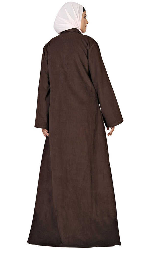 Women's Islamic Wine Contrasted Corduroy Panel Detailing Jilbab With Lose Belt And Pockets - EastEssence.com