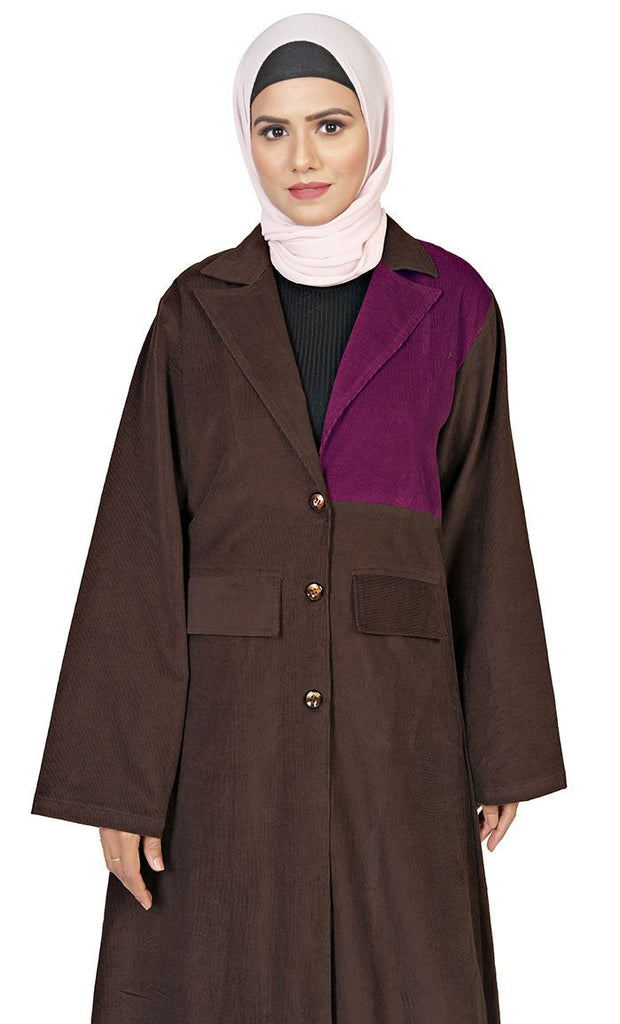 Women's Islamic Wine Contrasted Corduroy Panel Detailing Jilbab With Lose Belt And Pockets - EastEssence.com