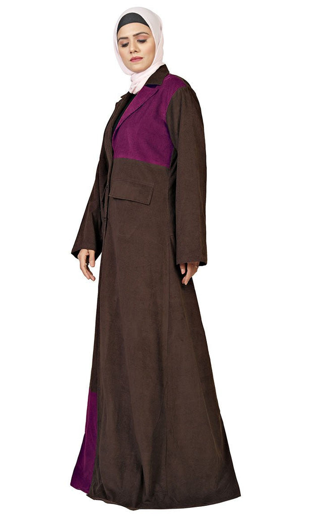 Women's Islamic Wine Contrasted Corduroy Panel Detailing Jilbab With Lose Belt And Pockets - EastEssence.com