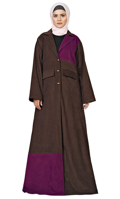 Women's Islamic Wine Contrasted Corduroy Panel Detailing Jilbab With Lose Belt And Pockets - EastEssence.com