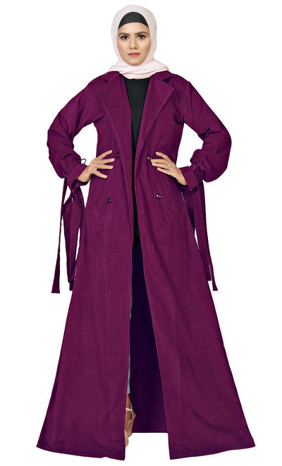 Women's Islamic Wine Corduroy Jilbab With Lose Belt And Pockets - EastEssence.com