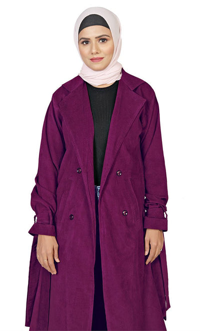 Women's Islamic Wine Corduroy Jilbab With Lose Belt And Pockets - EastEssence.com