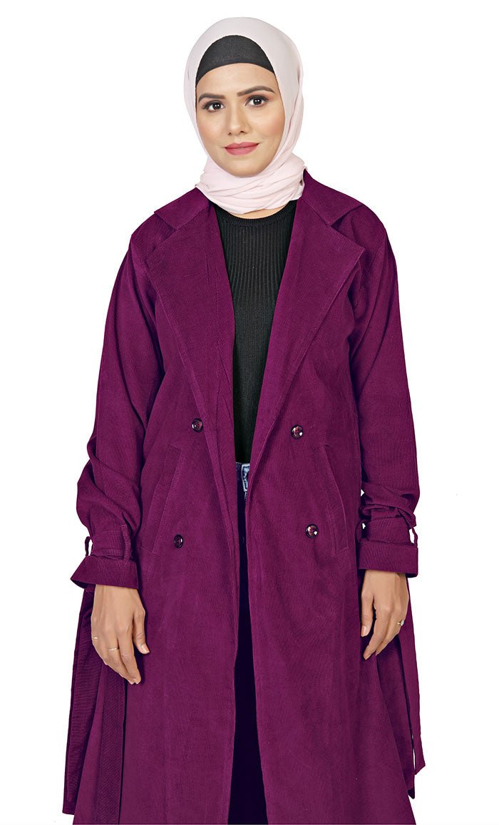 Women's Islamic Wine Corduroy Jilbab With Lose Belt And Pockets - EastEssence.com
