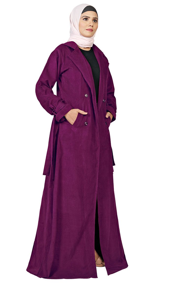 Women's Islamic Wine Corduroy Jilbab With Lose Belt And Pockets - EastEssence.com