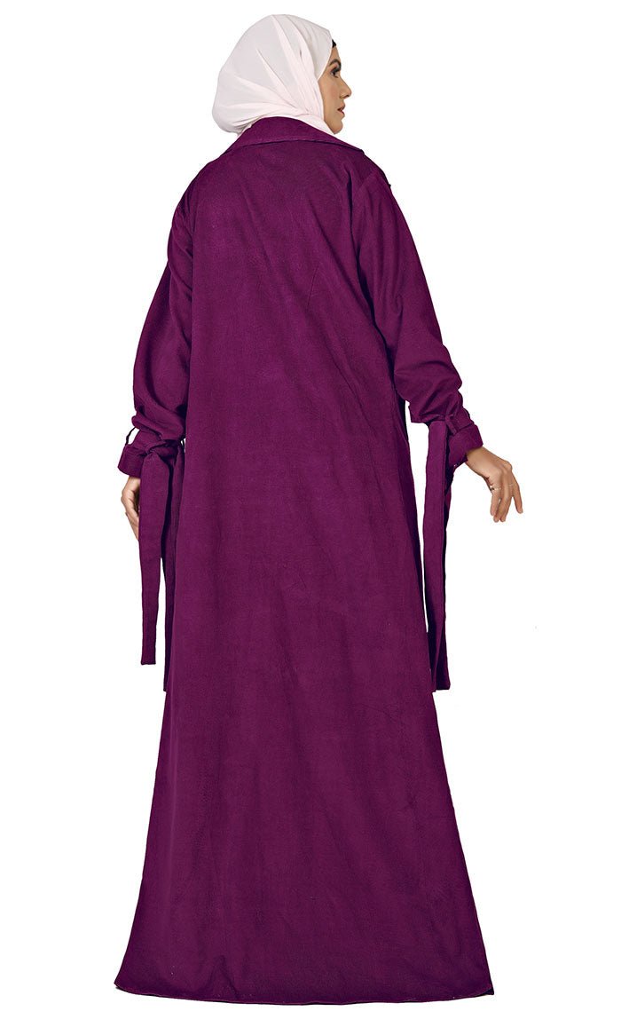 Women's Islamic Wine Corduroy Jilbab With Lose Belt And Pockets - EastEssence.com