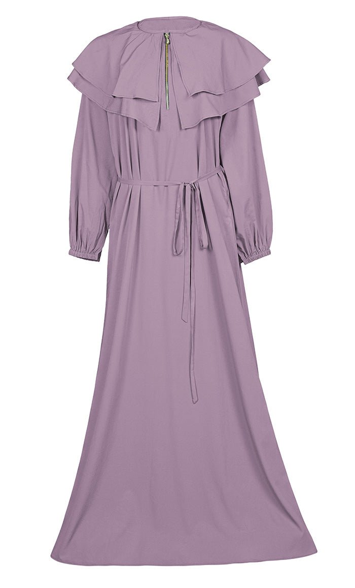 Women's Lavender Front Zip And Frill Detailing Crepe Abaya With Pockets - EastEssence.com
