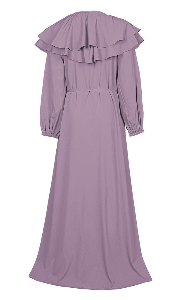Women's Lavender Front Zip And Frill Detailing Crepe Abaya With Pockets - EastEssence.com