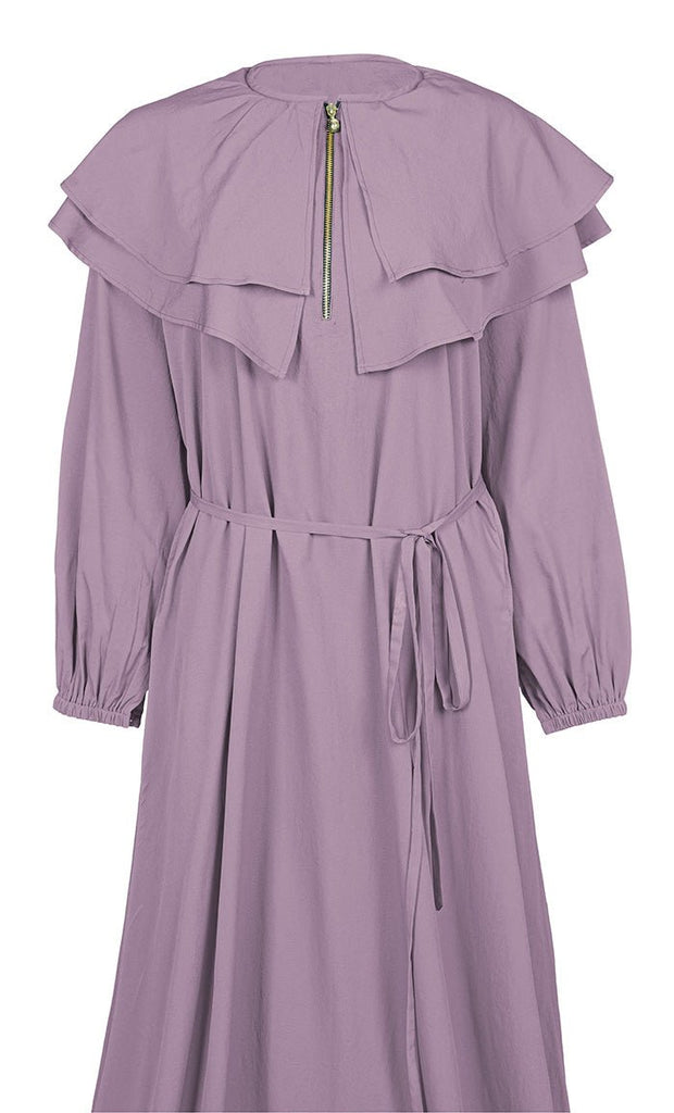 Women's Lavender Front Zip And Frill Detailing Crepe Abaya With Pockets - EastEssence.com
