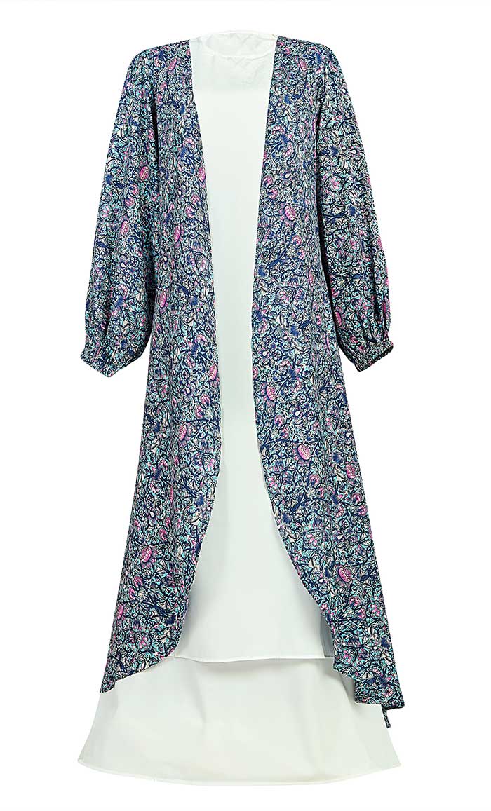Women's Lotus Multi Printed Shrug With White Layered Abaya - EastEssence.com
