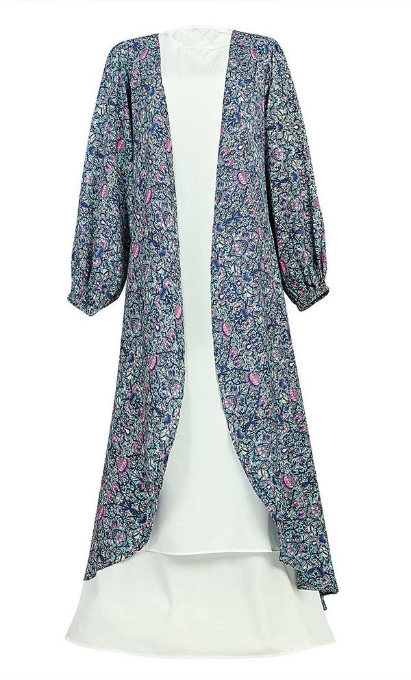 Women's Lotus Multi Printed Shrug With White Layered Abaya - EastEssence.com