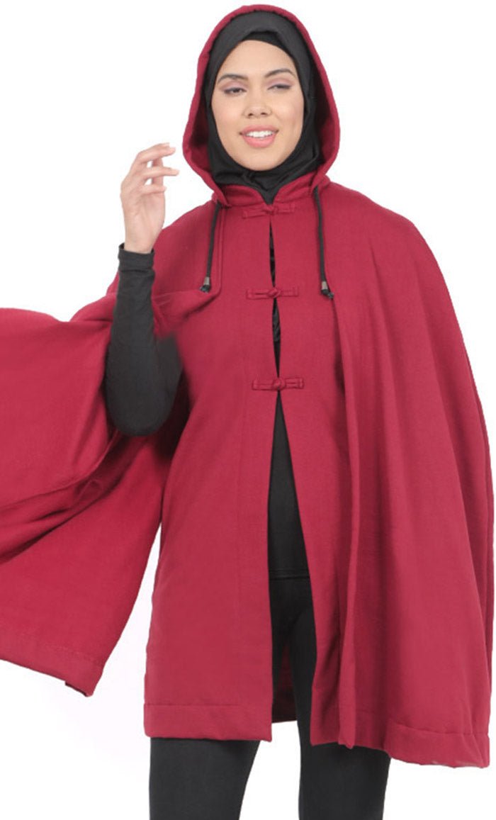 Women's Maroon Fleece Hooded Jacket Kimono Sleeves With Slit - EastEssence.com