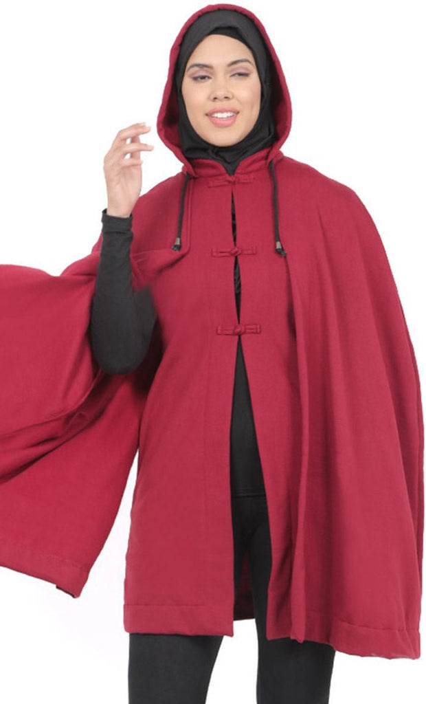 Women's Maroon Fleece Hooded Jacket Kimono Sleeves With Slit - EastEssence.com