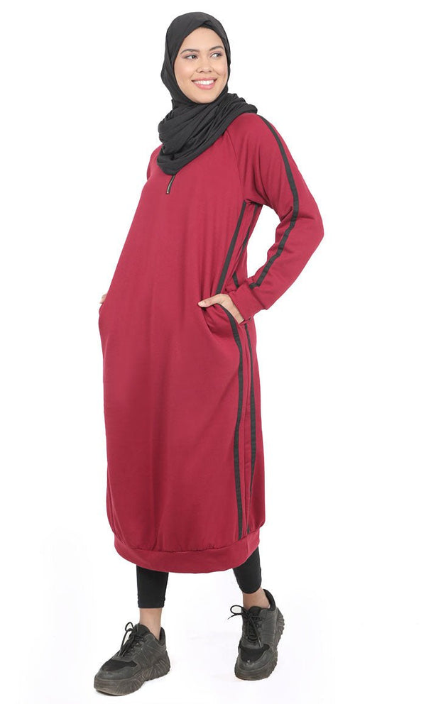 Women's Maroon Fleece Long Tunic With Side Contrasted Panel And Pockets - EastEssence.com