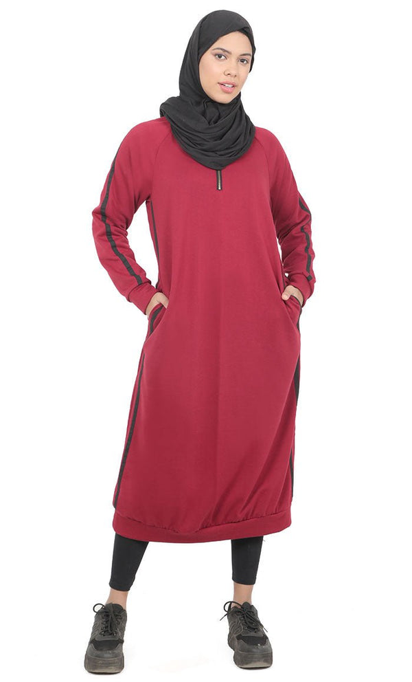 Women's Maroon Fleece Long Tunic With Side Contrasted Panel And Pockets - EastEssence.com