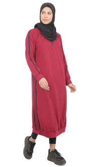 Women's Maroon Fleece Long Tunic With Side Contrasted Panel And Pockets - EastEssence.com
