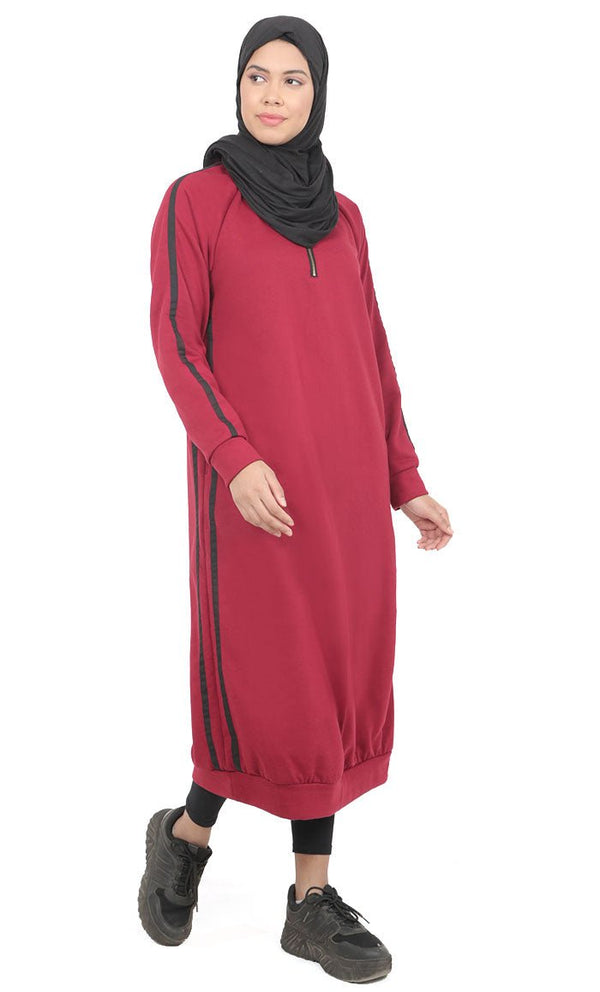 Women's Maroon Fleece Long Tunic With Side Contrasted Panel And Pockets - EastEssence.com