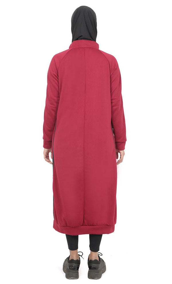 Women's Maroon Fleece Long Tunic With Side Contrasted Panel And Pockets - EastEssence.com