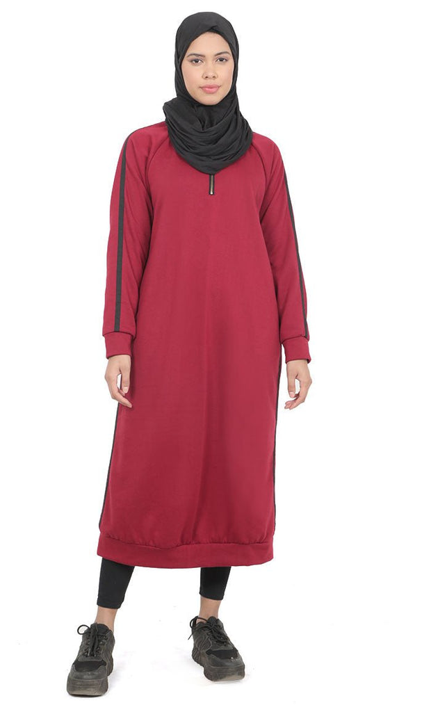 Women's Maroon Fleece Long Tunic With Side Contrasted Panel And Pockets - EastEssence.com