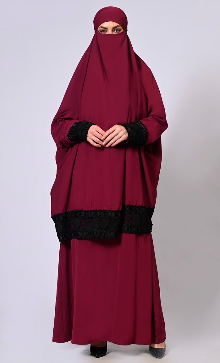 Women's Maroon Niqab and Abaya Set with Stylish