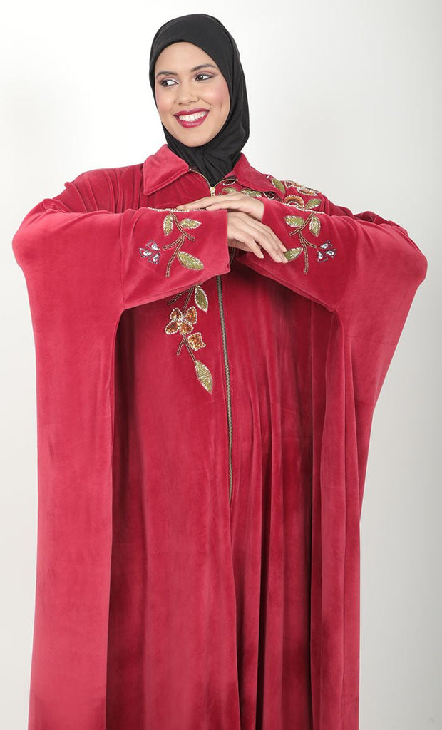 Women's Maroon Velour Full Hand Work Embroidered Kaftan With Front Zipper And Pockets - EastEssence.com
