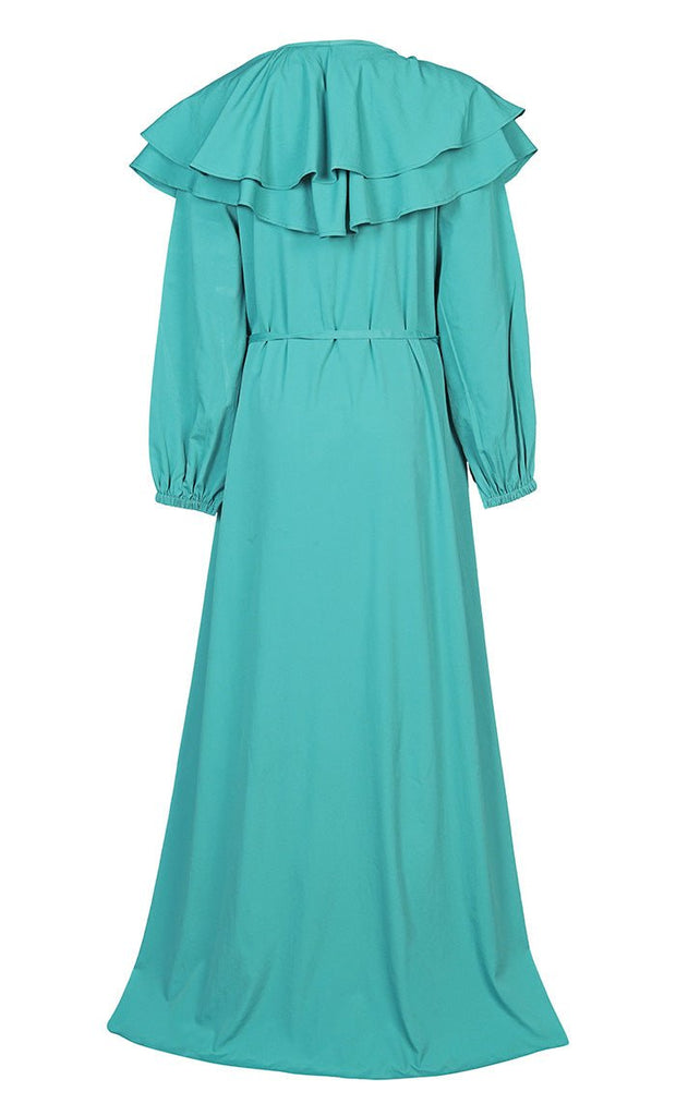 Women's Mint Green Front Zip And Frill Detailing Crepe Abaya With Pockets - EastEssence.com