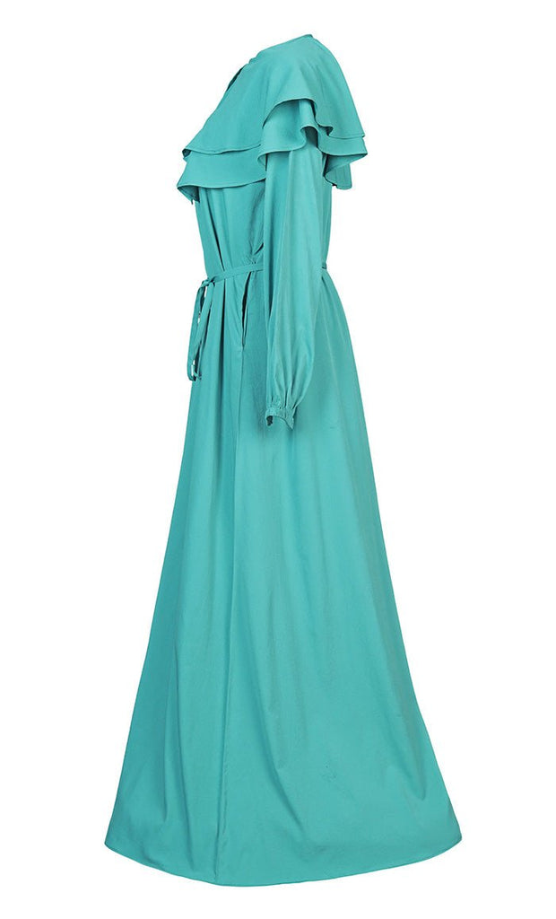 Women's Mint Green Front Zip And Frill Detailing Crepe Abaya With Pockets - EastEssence.com