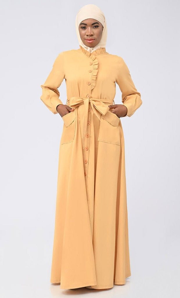 Women's Modest Islamic Twill Frill Detailing Button Down Abaya - EastEssence.com