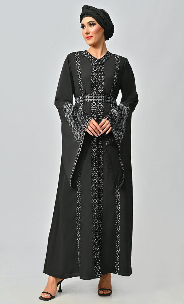 Women's Moroccan Style Abaya With Hand Embroidery And Beautiful Bell Sleeves - EastEssence.com