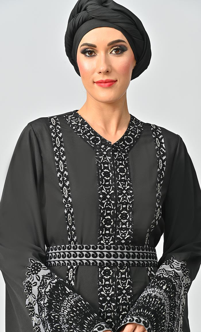 Women's Moroccan Style Abaya With Hand Embroidery And Beautiful Bell Sleeves - EastEssence.com