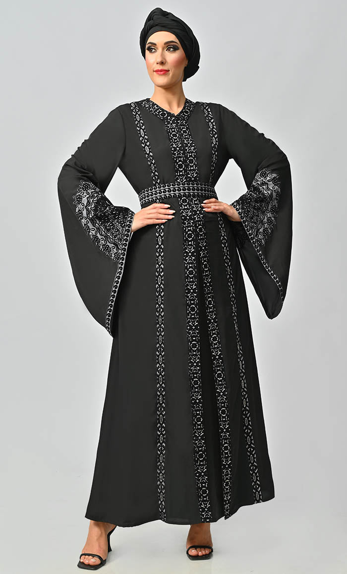 Women's Moroccan Style Abaya With Hand Embroidery And Beautiful Bell Sleeves - EastEssence.com