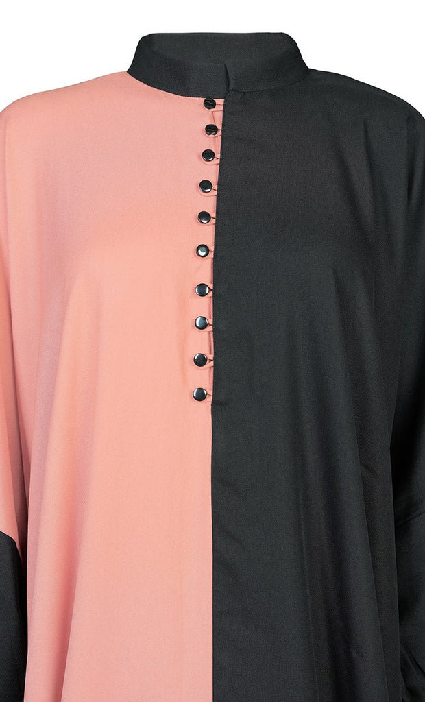 Women's Multi-Panel Black And Peach Detailing Summer Cool Abaya With Pockets - EastEssence.com