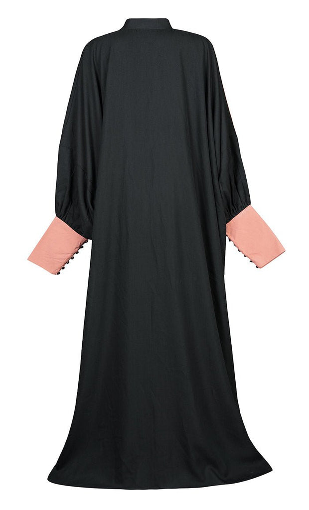 Women's Multi-Panel Black And Peach Detailing Summer Cool Abaya With Pockets - EastEssence.com