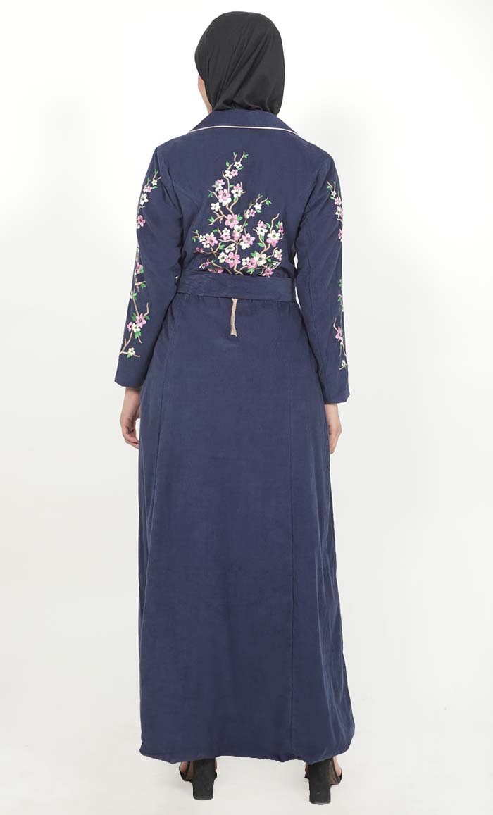 Women's Navy Button Down Embroidered Corduroy Abaya - EastEssence.com