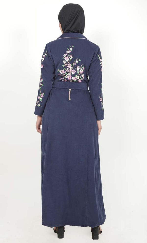 Women's Navy Button Down Embroidered Corduroy Abaya - EastEssence.com