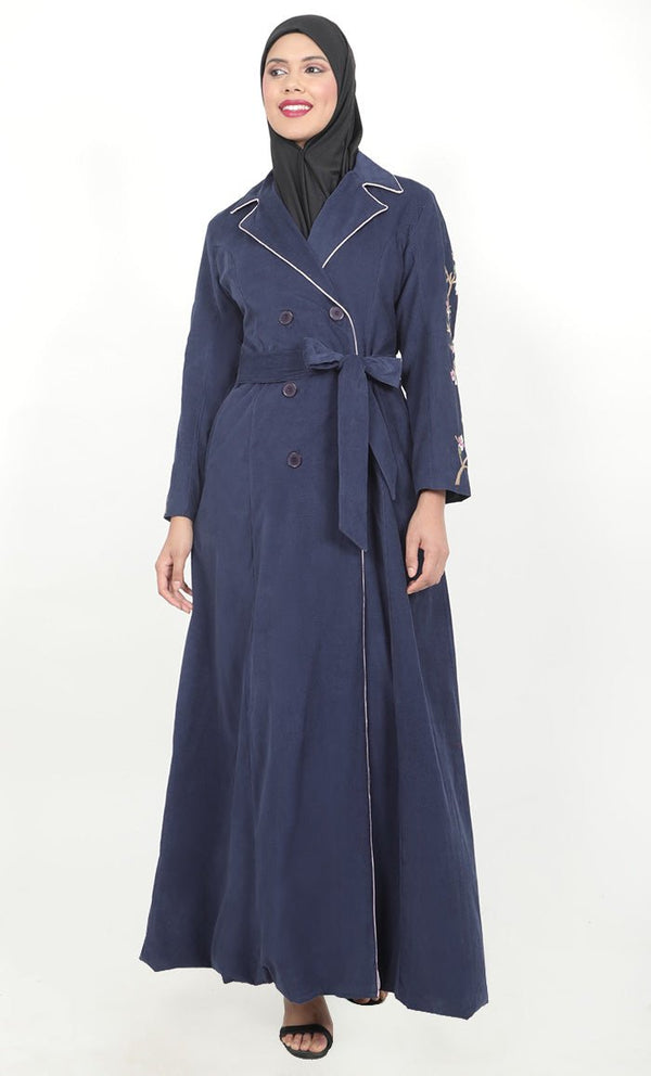 Women's Navy Button Down Embroidered Corduroy Abaya - EastEssence.com