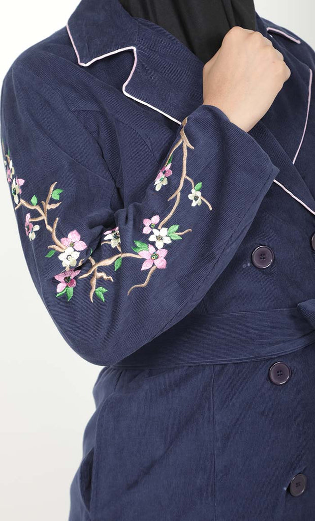 Women's Navy Button Down Embroidered Corduroy Abaya - EastEssence.com