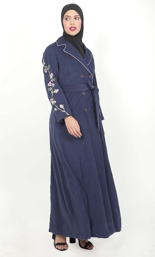 Women's Navy Button Down Embroidered Corduroy Abaya - EastEssence.com