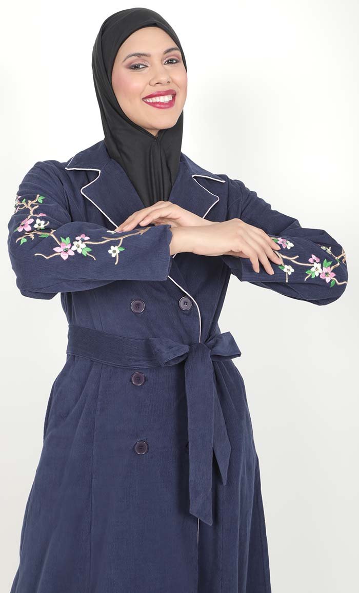 Women's Navy Button Down Embroidered Corduroy Abaya - EastEssence.com