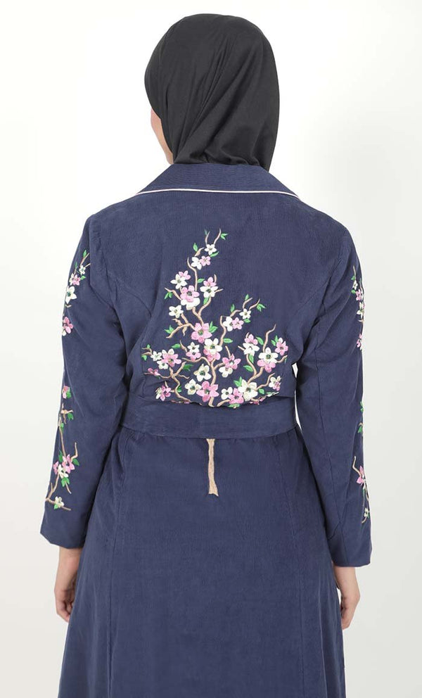 Women's Navy Button Down Embroidered Corduroy Abaya - EastEssence.com