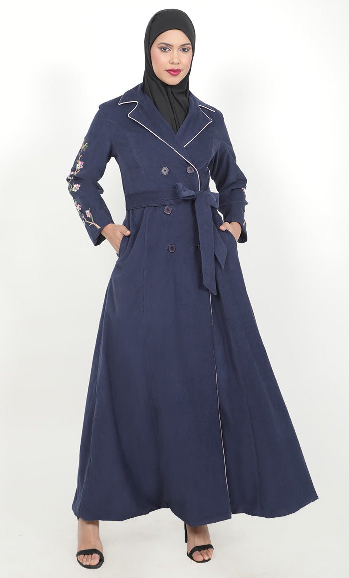 Women's Navy Button Down Embroidered Corduroy Abaya - EastEssence.com