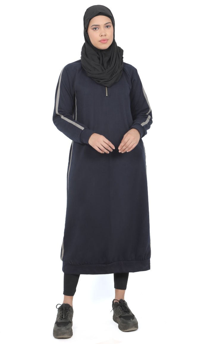 Women's Navy Fleece Long Tunic With Side Contrasted Panel And Pockets - EastEssence.com