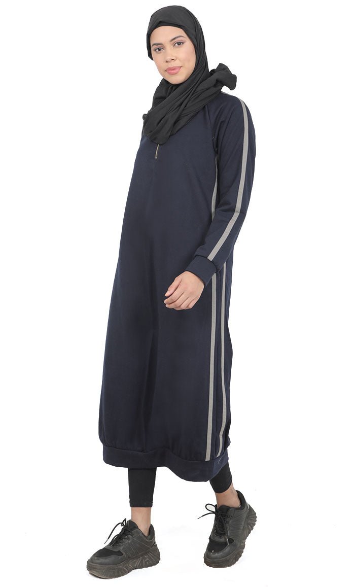 Women's Navy Fleece Long Tunic With Side Contrasted Panel And Pockets - EastEssence.com