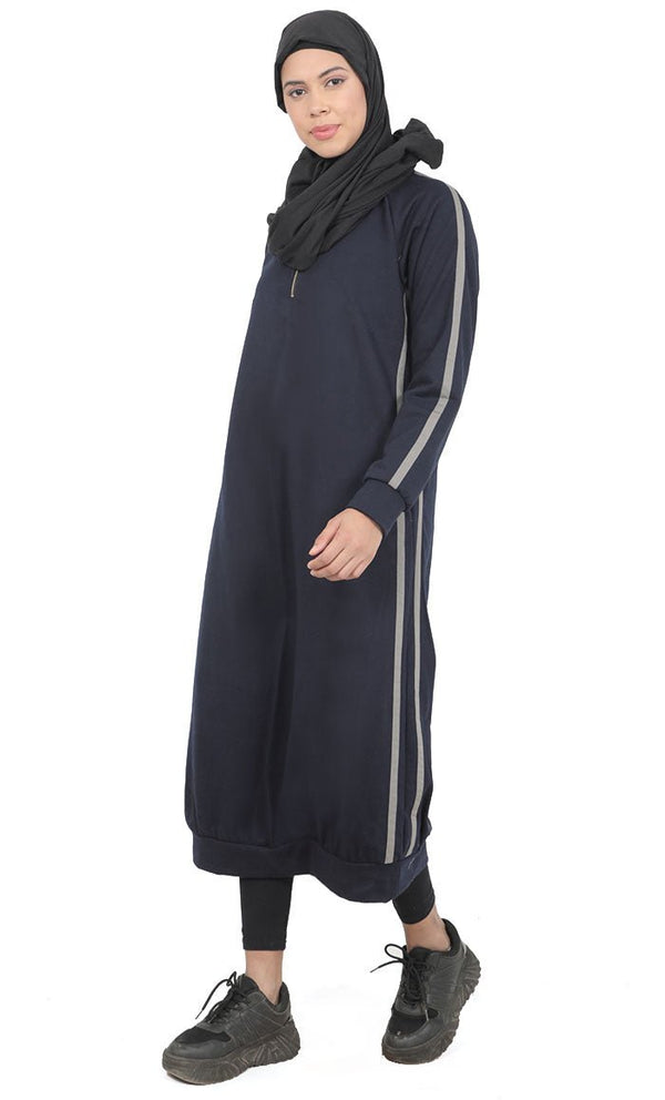 Women's Navy Fleece Long Tunic With Side Contrasted Panel And Pockets - EastEssence.com