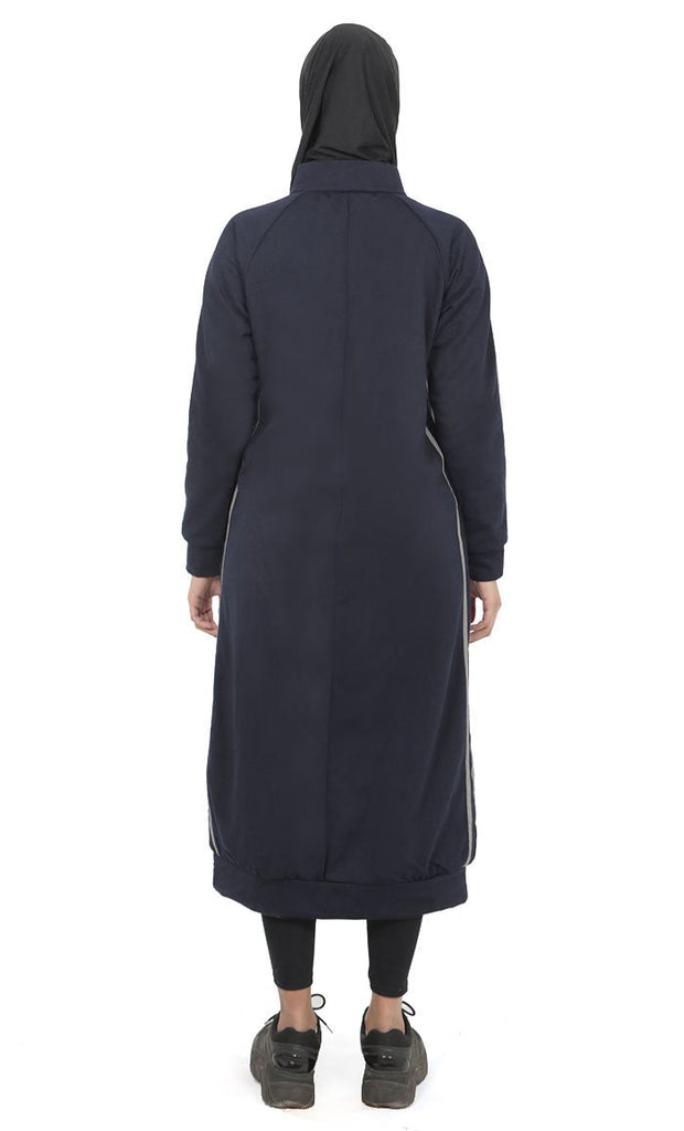 Women's Navy Fleece Long Tunic With Side Contrasted Panel And Pockets - EastEssence.com
