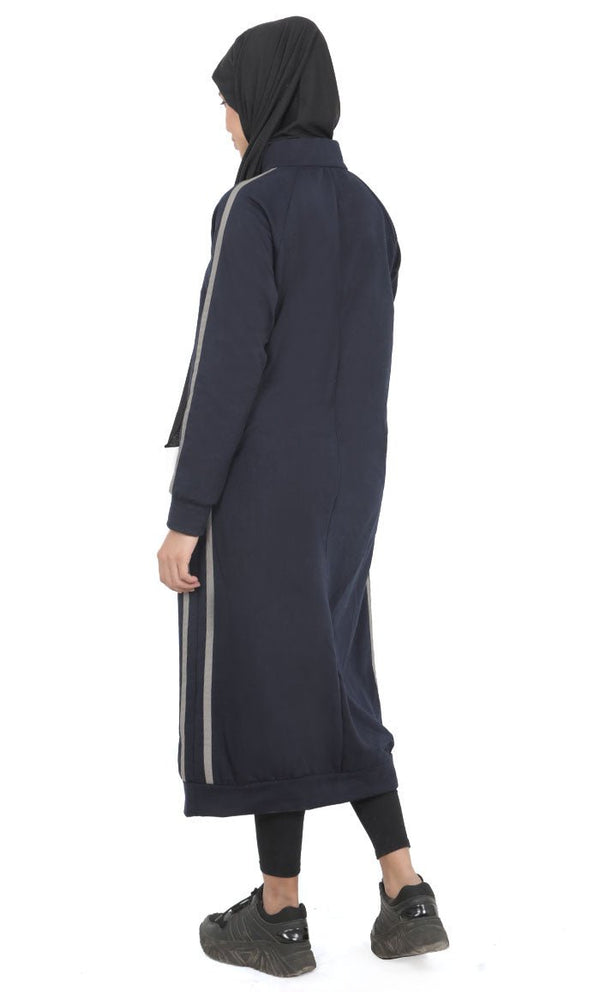Women's Navy Fleece Long Tunic With Side Contrasted Panel And Pockets - EastEssence.com