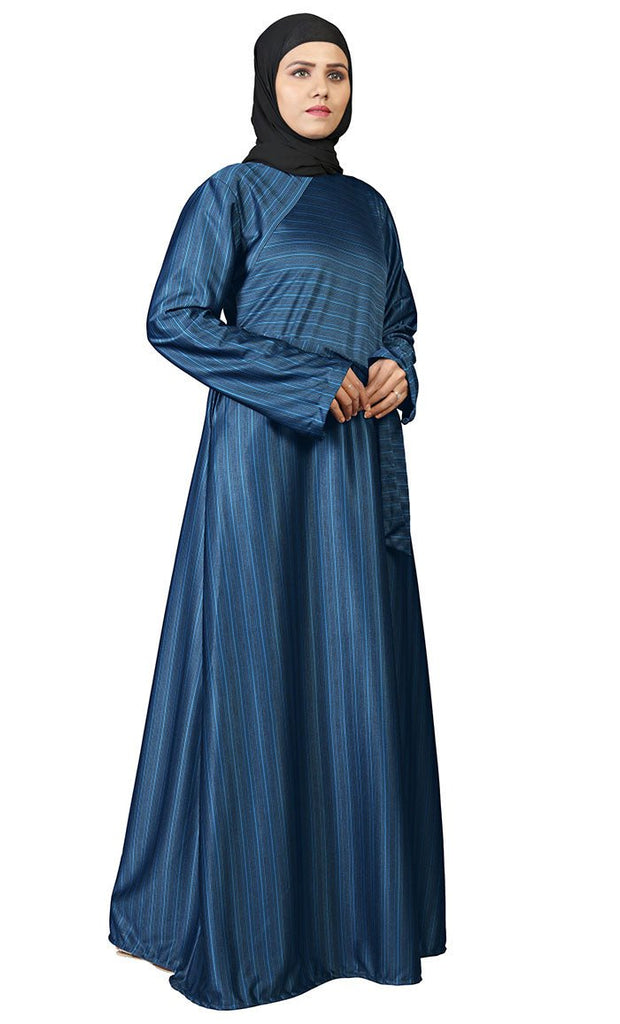 Women's Navy Poly Jersey Stripe Abaya With Pockets - EastEssence.com