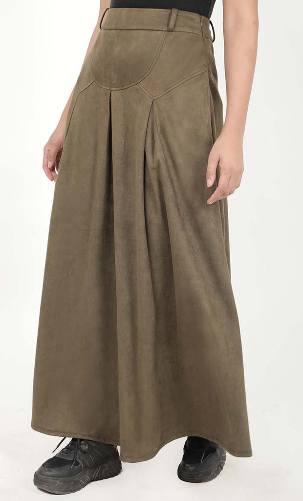 Women's Olive Box Pleated Detailing Full Length Skirt With Pockets - EastEssence.com