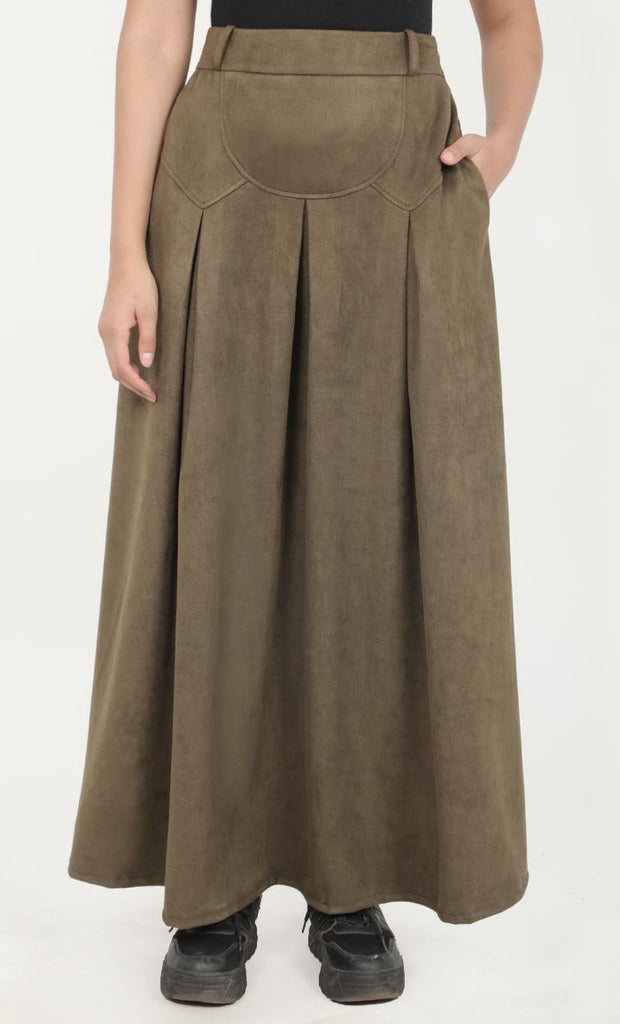 Women's Olive Box Pleated Detailing Full Length Skirt With Pockets - EastEssence.com